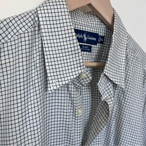 Ralph Lauren Men's White Shirt with Navy  and Green Check Pattern
